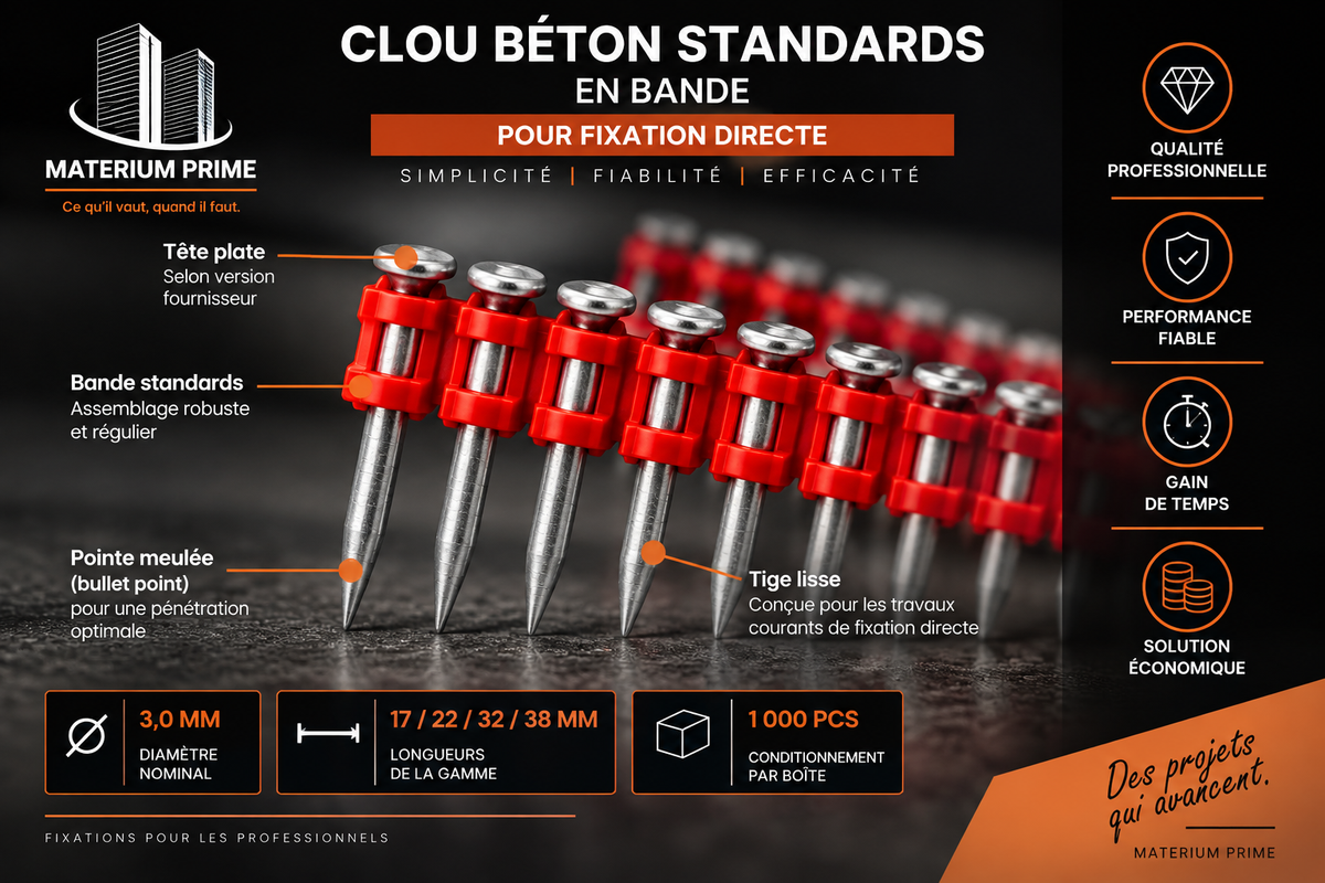 Clous béton standards en bande – Fixation béton et supports pleins
