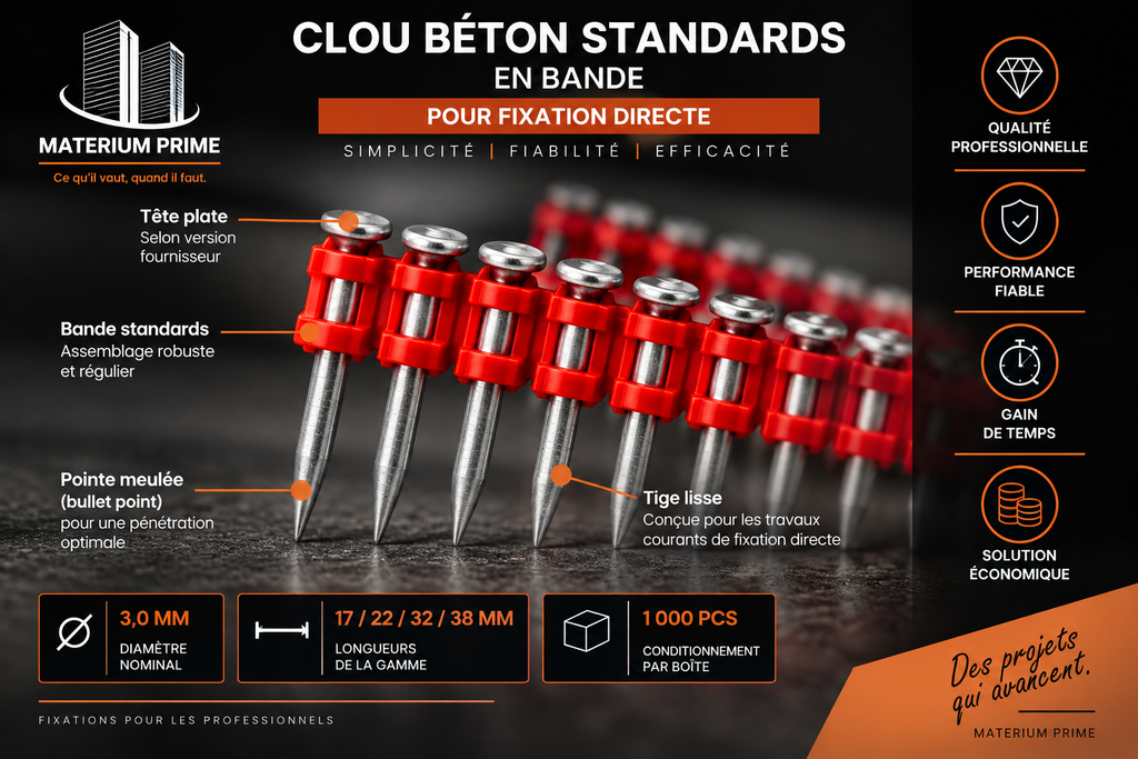 Clous béton standards en bande – Fixation béton et supports pleins