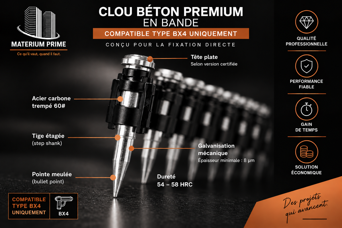 Clous béton premium en bande – Compatibles type BX-4